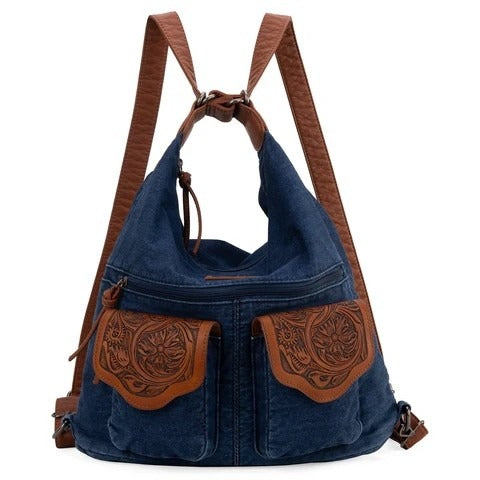 Convertible hobo, backpack, crossbody made of denim jean and PU leather this convertible shoulder bag