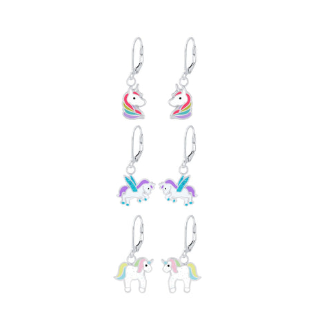 Silver Unicorn Lovers Lever Back Earrings Set