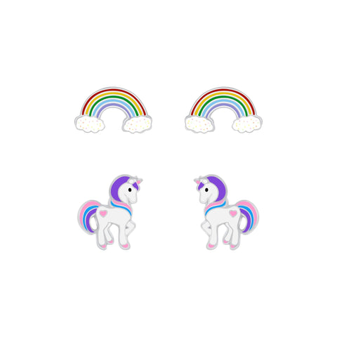 Silver Unicorn Stud Earrings Set ,