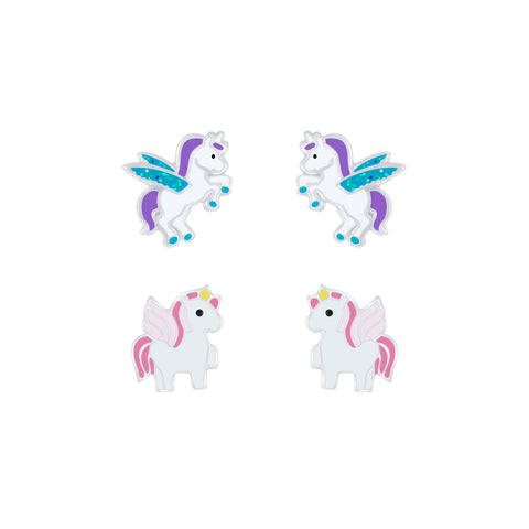 Silver Unicorn Stud Earrings Set ,