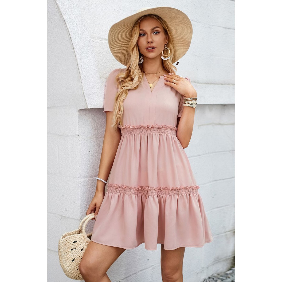 Solid Color Block Ruffle Ruched Loose Midi Dress