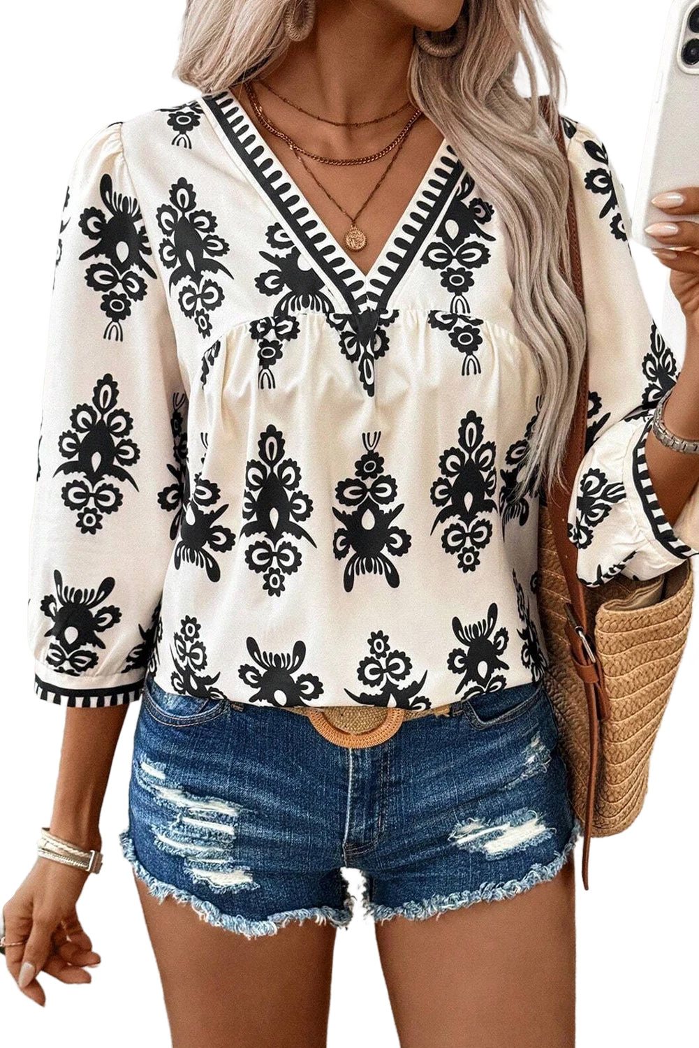 Orange Ethnic Abstract Print Puff Sleeve V Neck Blouse