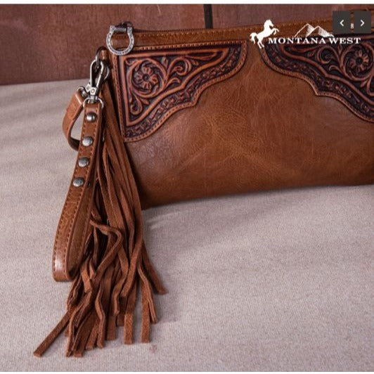 . Montana West Floral Tooled Fringe Wristlet Clutch/Crossbody