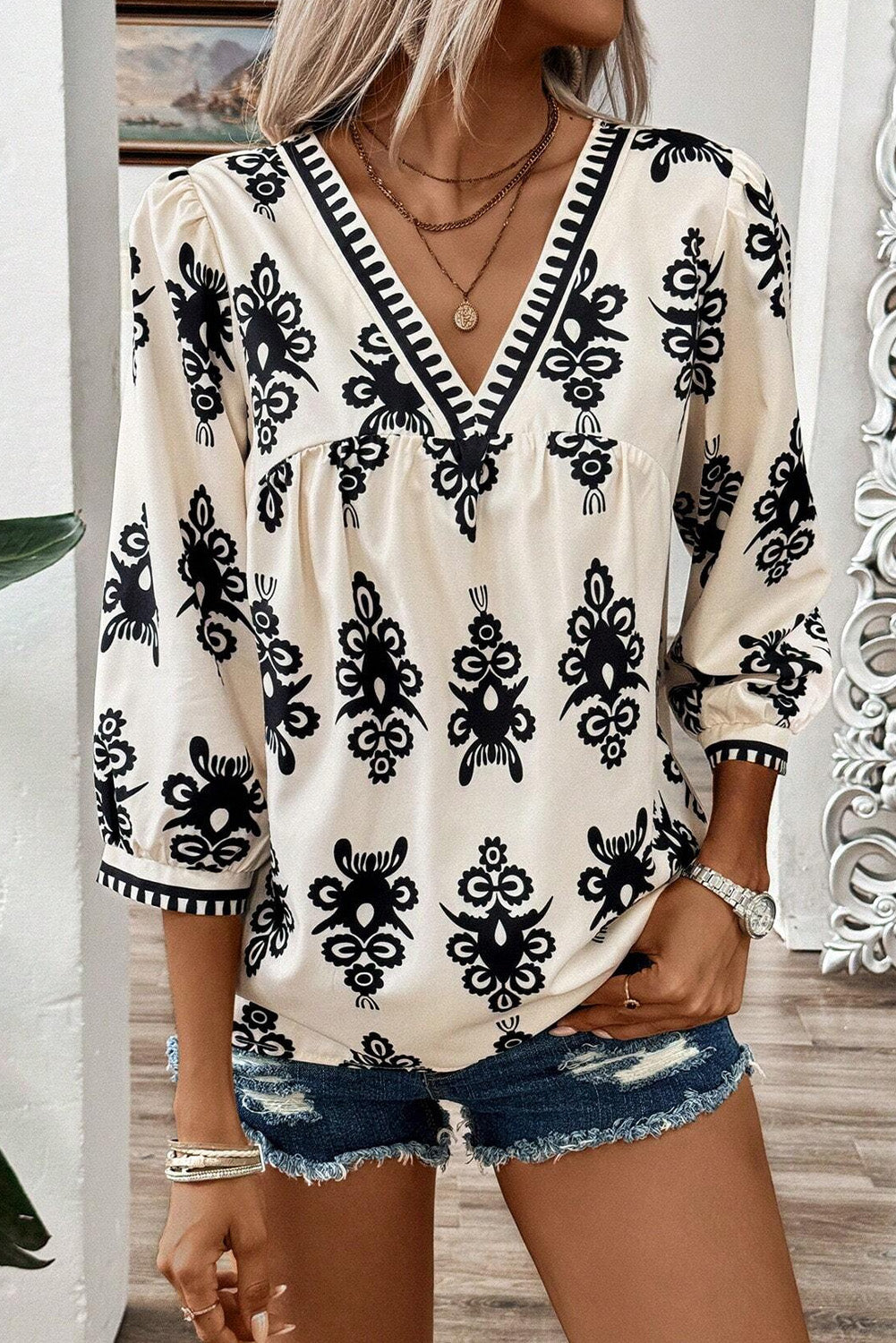 Orange Ethnic Abstract Print Puff Sleeve V Neck Blouse