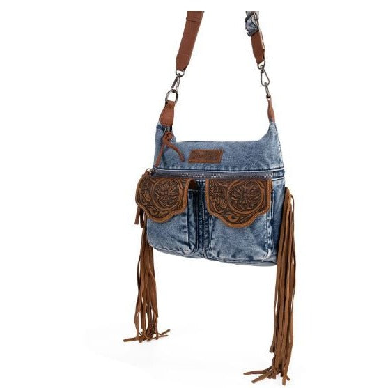 Wrangler by Montana West Genuine leather fringe Floral tooled on the flap with magnetic button