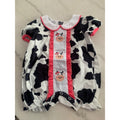 Cow Print Baby Romper With Embroidered Cow Faces & Pink Accents