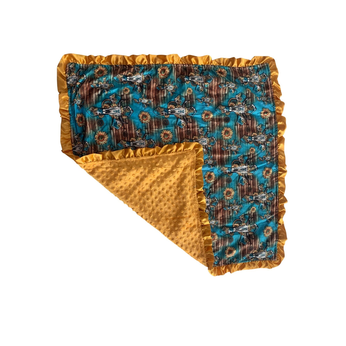 Western-Themed Baby Blanket With Sunflowers & Cowboy Print Satin Ruffle Edges Double-Sided Soft Minky Fabric 30" x 30"