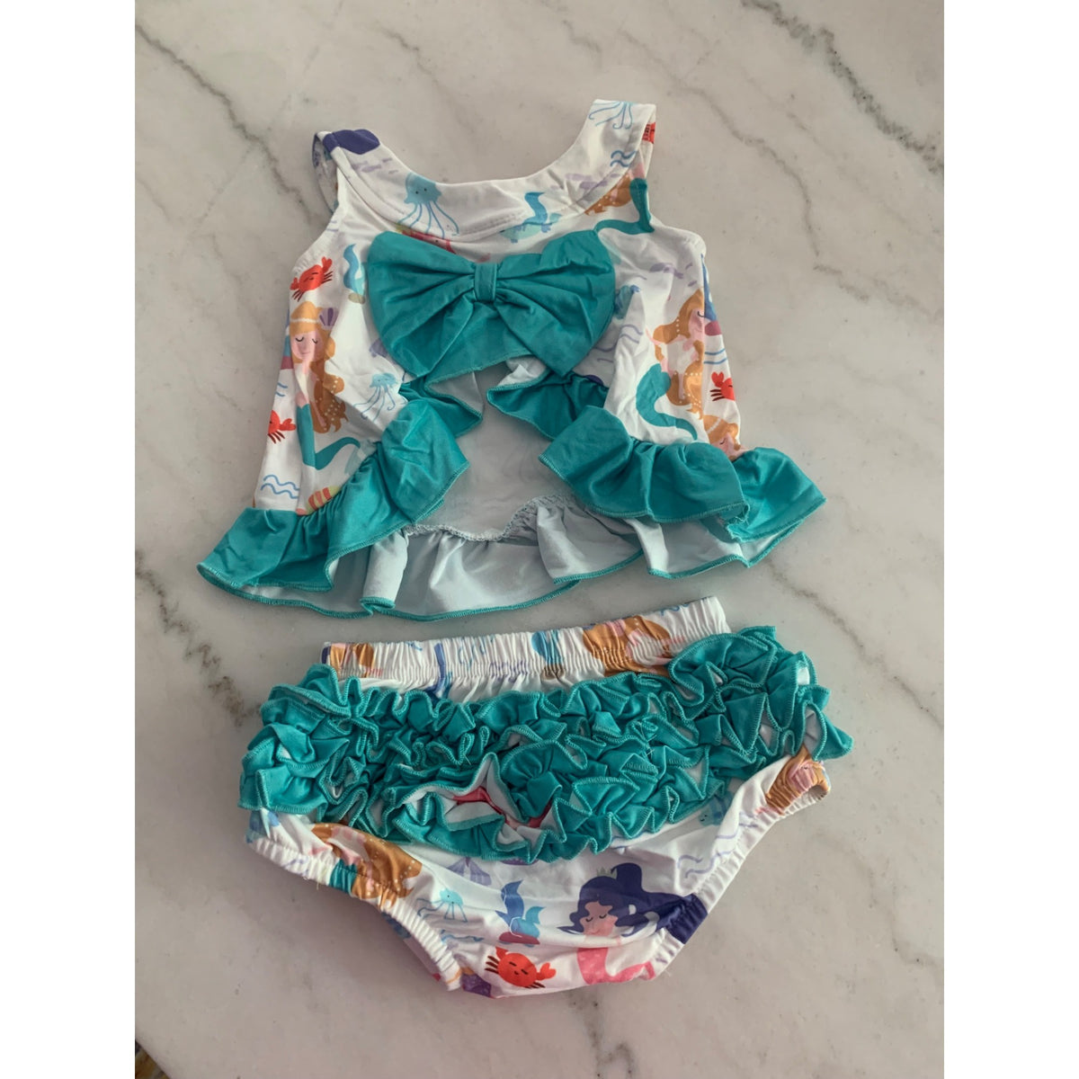 Toddler Girls Mermaid Print Sleeveless Tank Top & Ruffled Bloomers Set