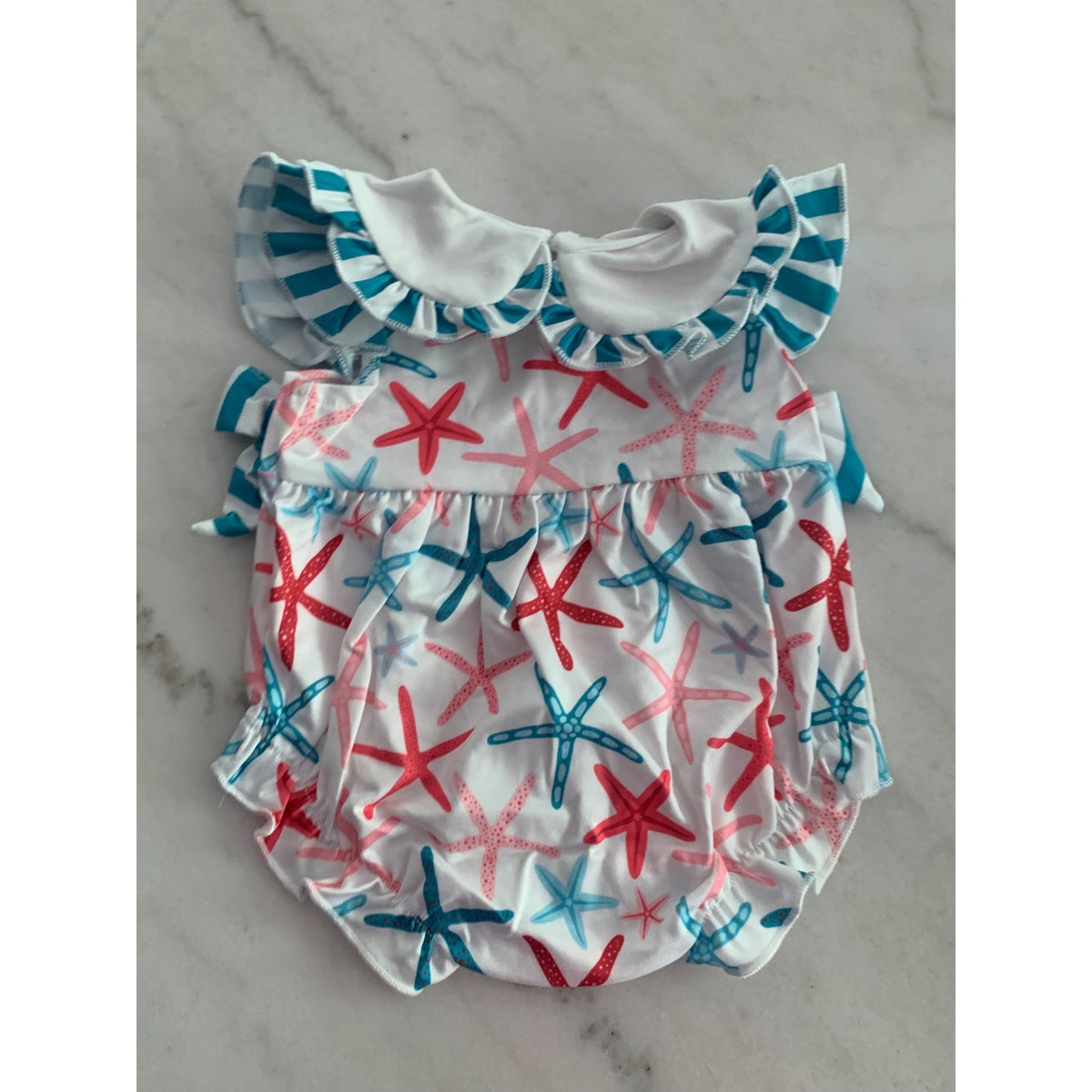 Baby Girls Starfish & Striped Ruffle Romper With Peter Pan Collar