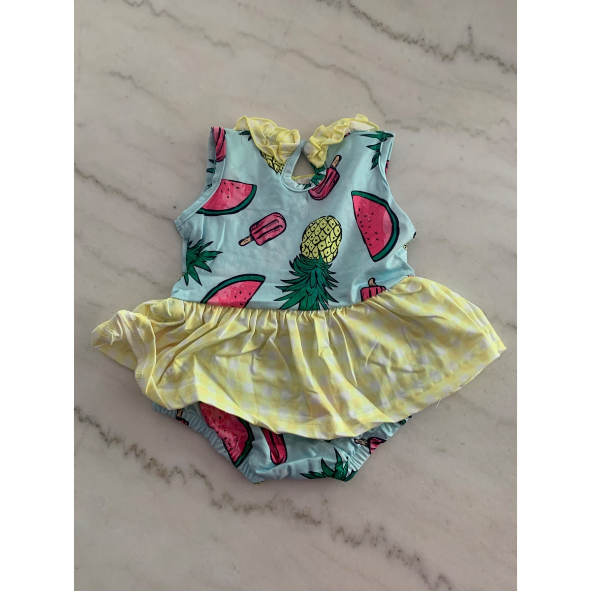 Baby Girls Sleeveless Watermelon & Pineapple Print Romper With Yellow Gingham Skirt Overlay Size 6-12M