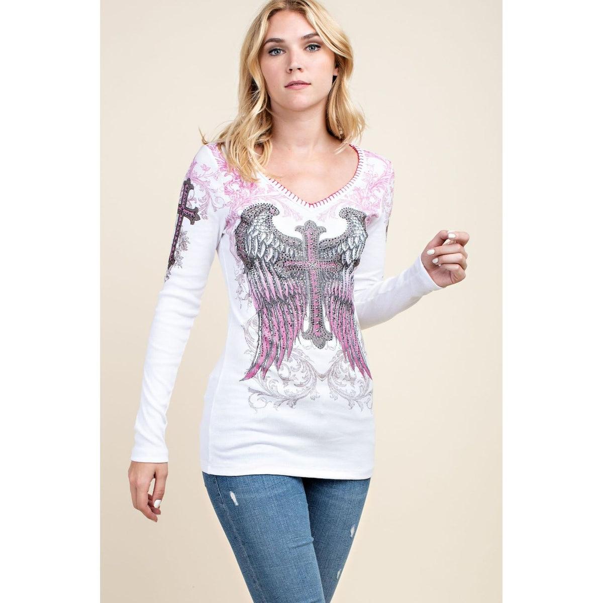 CROSS WING PRINTED V NECK LONG SLEEVE TOP