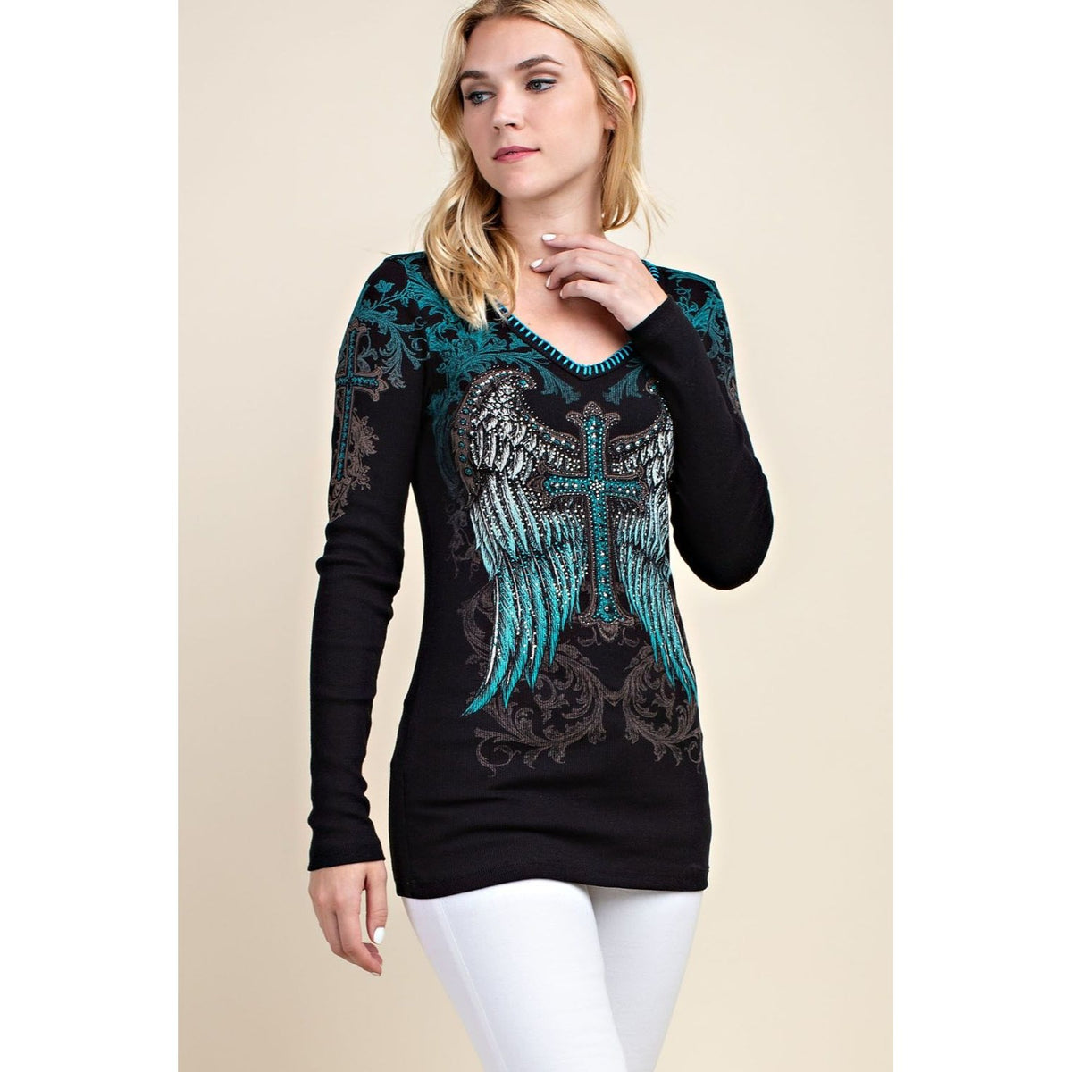 CROSS WING PRINTED V NECK LONG SLEEVE TOP