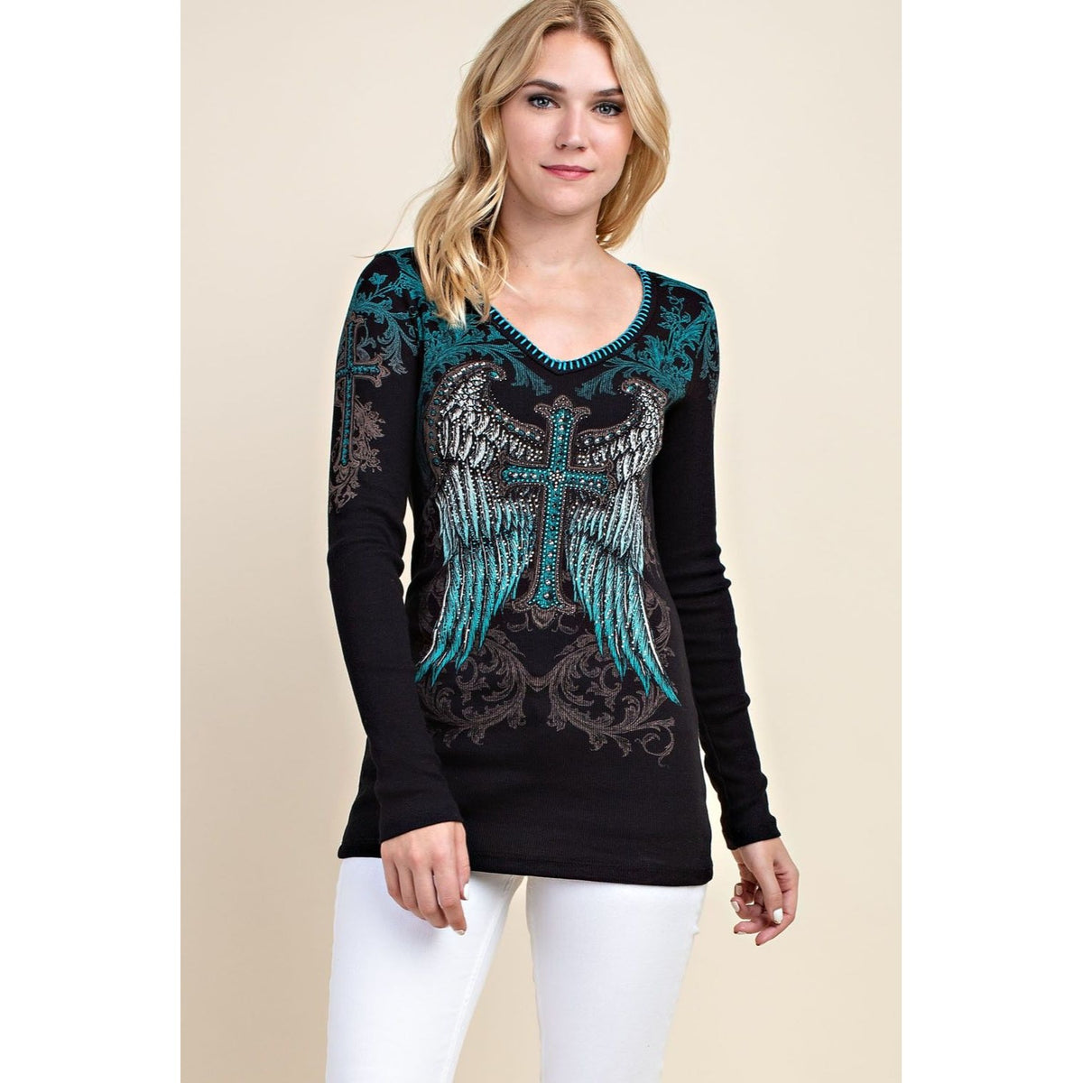 CROSS WING PRINTED V NECK LONG SLEEVE TOP