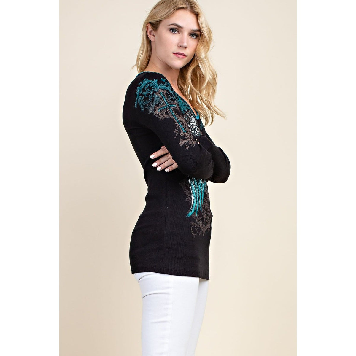 CROSS WING PRINTED V NECK LONG SLEEVE TOP