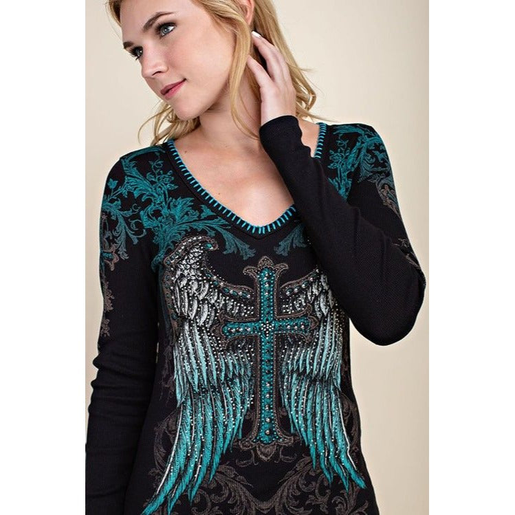 CROSS WING PRINTED V NECK LONG SLEEVE TOP