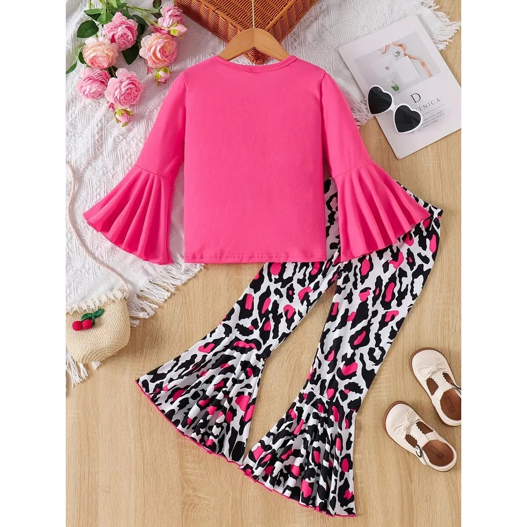 Children's Fashion Love Print Trumpet Long Sleeve T-shirt + Cow Print Trumpet Long Pants Set
