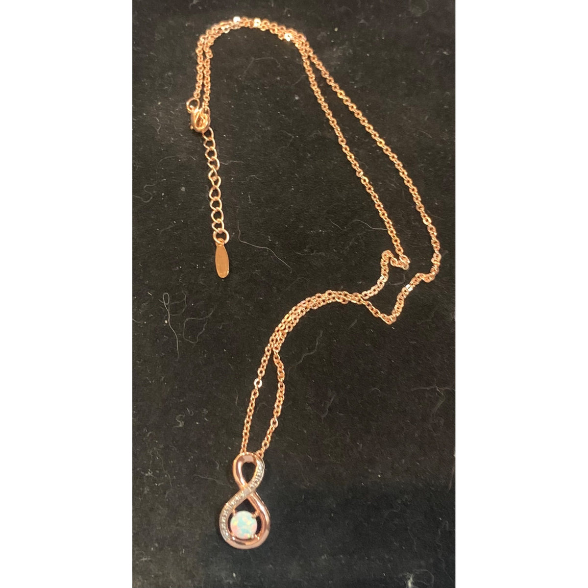 Rose Gold Tone Infinity Pendant Necklace With Opal & Rhinestones