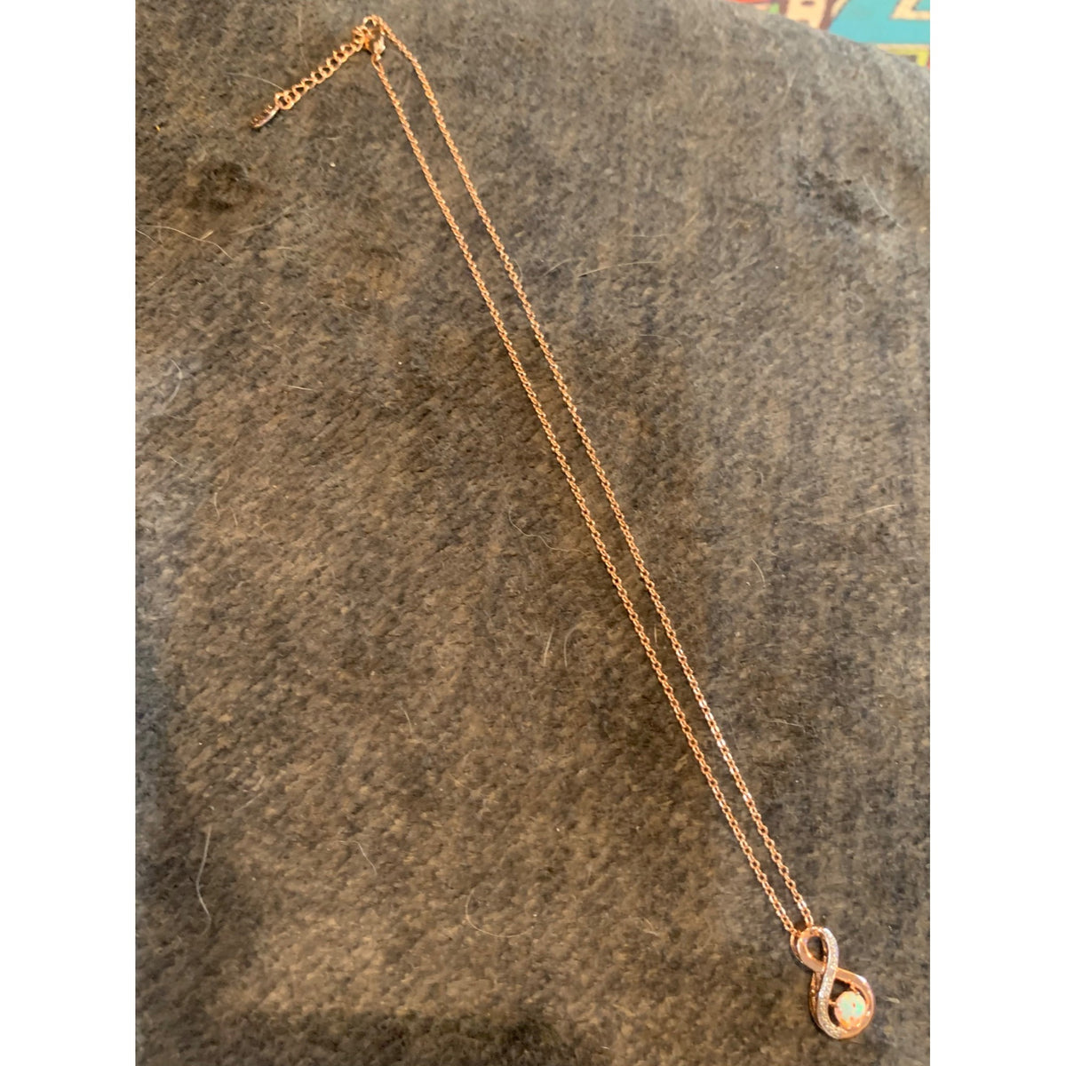 Rose Gold Tone Infinity Pendant Necklace With Opal & Rhinestones