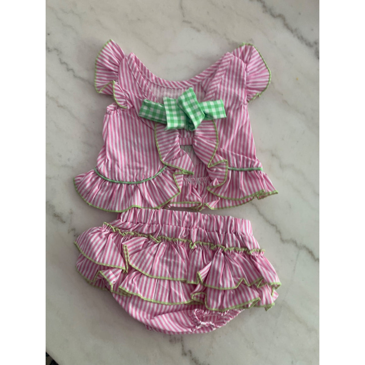 Girls 2-Piece Summer Outfit 0-3M Pink/White Striped Top & Ruffled Shorts With Watermelon Design 100% Cotton Blend
