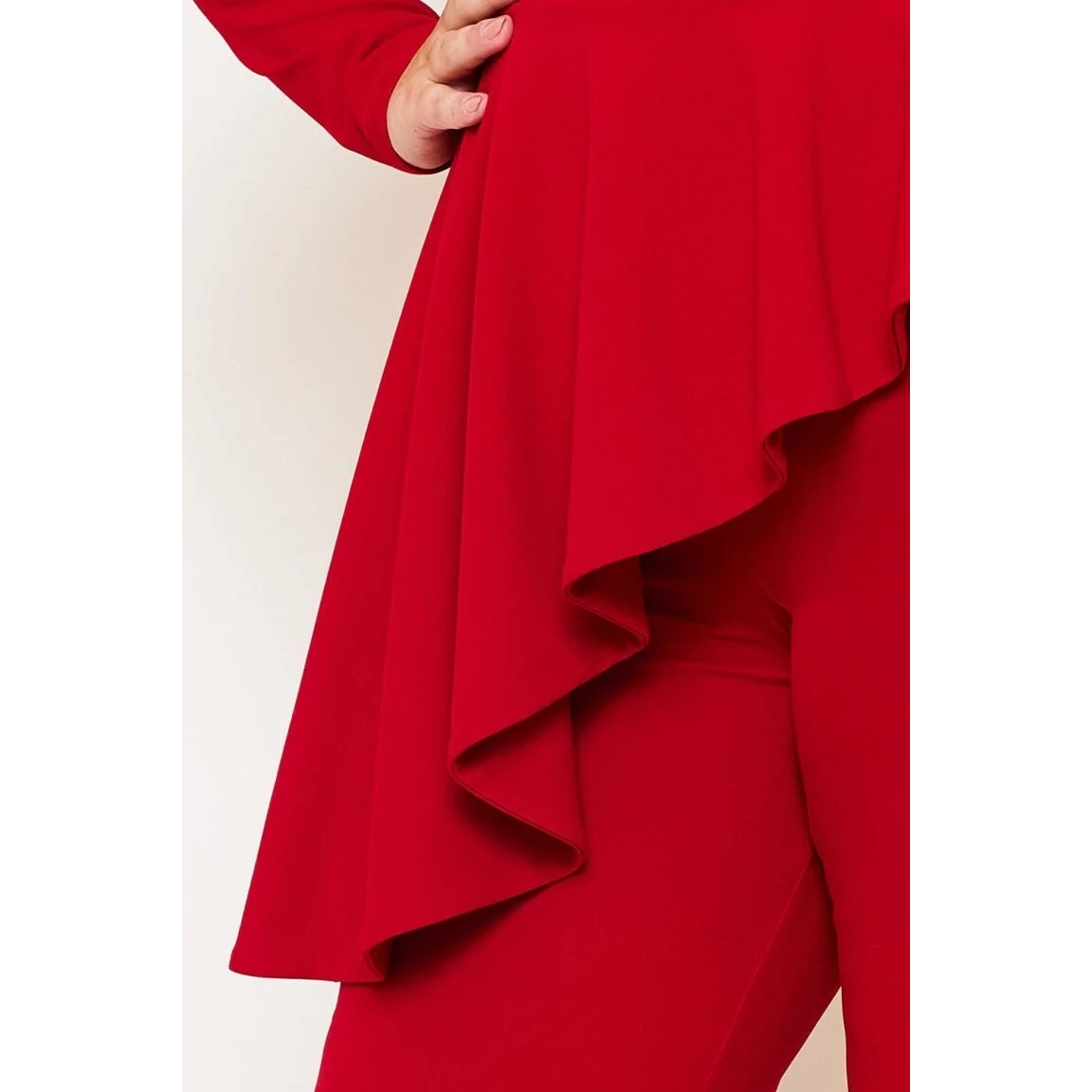 PEPLUM TOP PLUS SIZE JUMPSUIT ATTACHED SHOULDER PAD LONG SLEEVE SQUARE NECK ASYMMETRIC RUFFLE WAIST ZIPPER BACK BELL BOTTOM MODERATE STRETCH