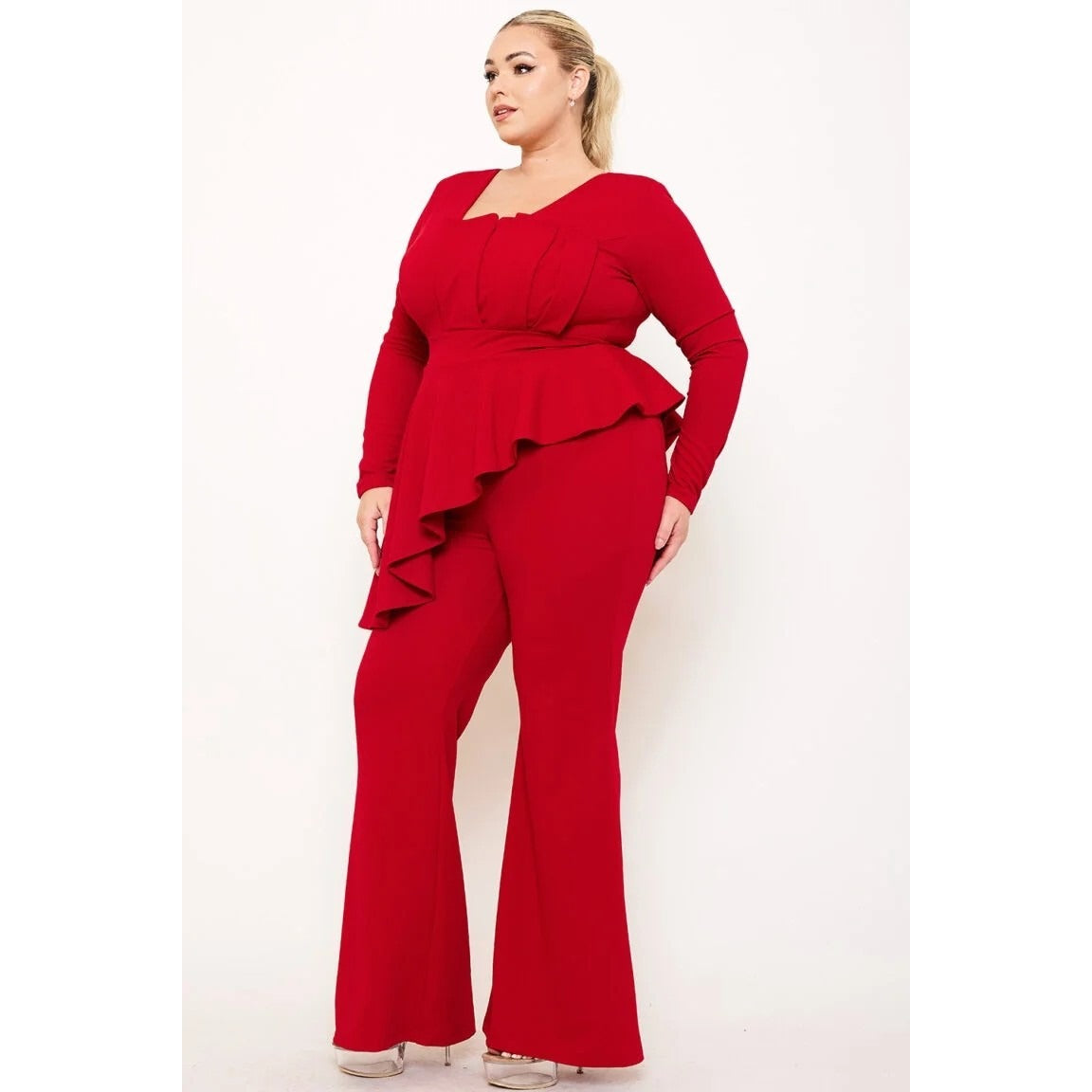 PEPLUM TOP PLUS SIZE JUMPSUIT ATTACHED SHOULDER PAD LONG SLEEVE SQUARE NECK ASYMMETRIC RUFFLE WAIST ZIPPER BACK BELL BOTTOM MODERATE STRETCH