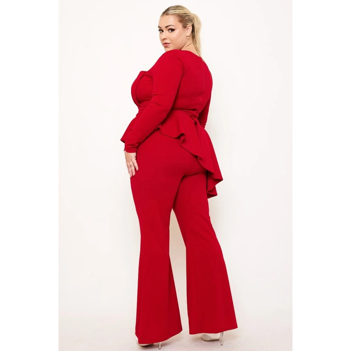 PEPLUM TOP PLUS SIZE JUMPSUIT ATTACHED SHOULDER PAD LONG SLEEVE SQUARE NECK ASYMMETRIC RUFFLE WAIST ZIPPER BACK BELL BOTTOM MODERATE STRETCH