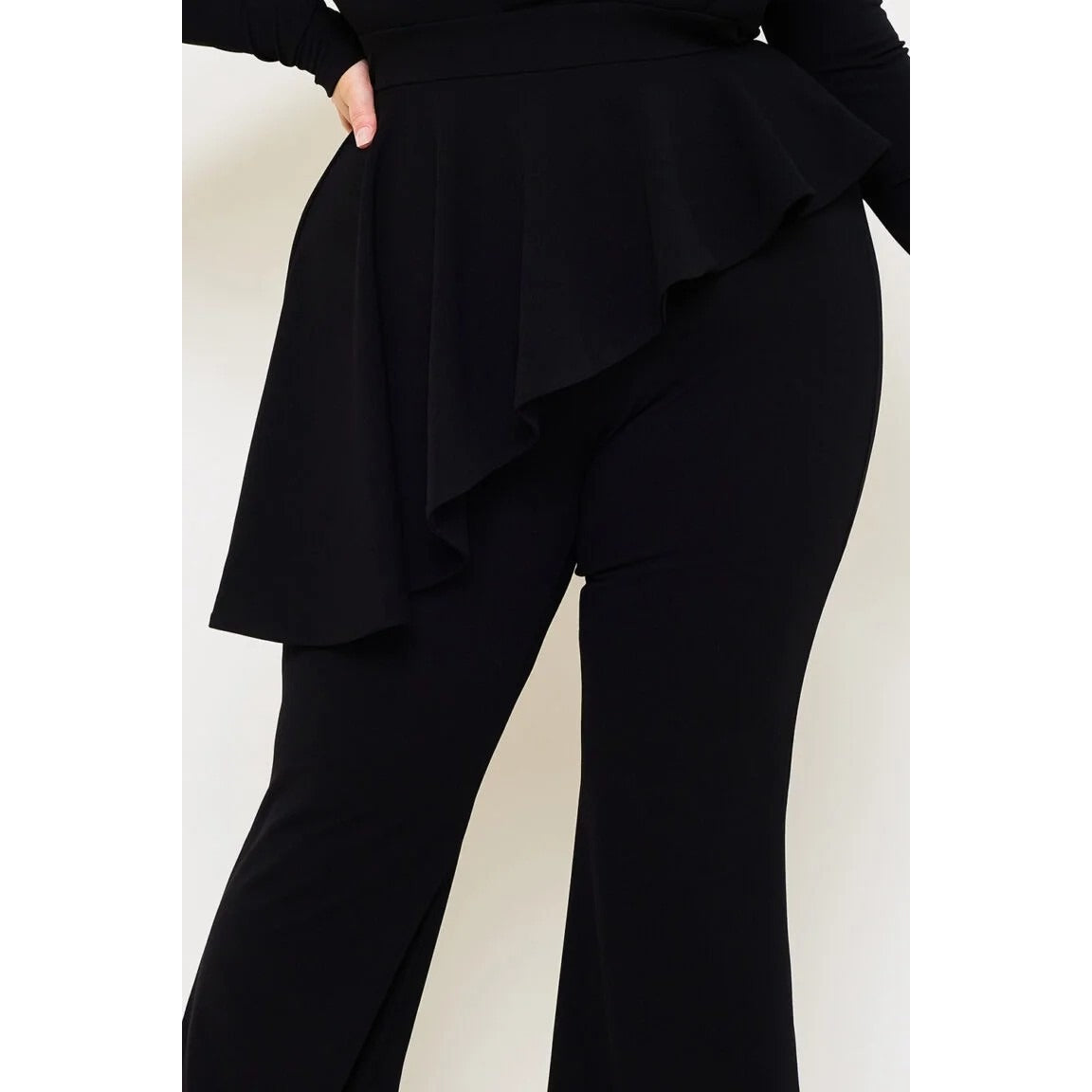 PEPLUM TOP PLUS SIZE JUMPSUIT ATTACHED SHOULDER PAD LONG SLEEVE SQUARE NECK ASYMMETRIC RUFFLE WAIST ZIPPER BACK BELL BOTTOM MODERATE STRETCH