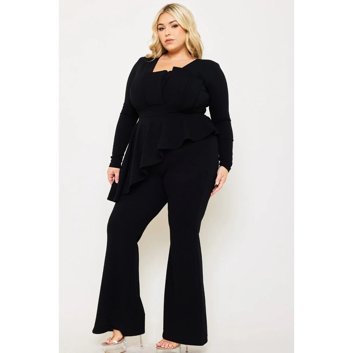 PEPLUM TOP PLUS SIZE JUMPSUIT ATTACHED SHOULDER PAD LONG SLEEVE SQUARE NECK ASYMMETRIC RUFFLE WAIST ZIPPER BACK BELL BOTTOM MODERATE STRETCH