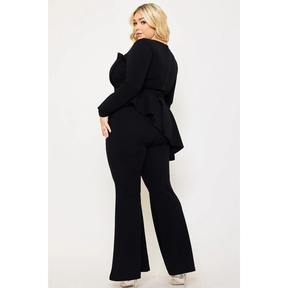 PEPLUM TOP PLUS SIZE JUMPSUIT ATTACHED SHOULDER PAD LONG SLEEVE SQUARE NECK ASYMMETRIC RUFFLE WAIST ZIPPER BACK BELL BOTTOM MODERATE STRETCH