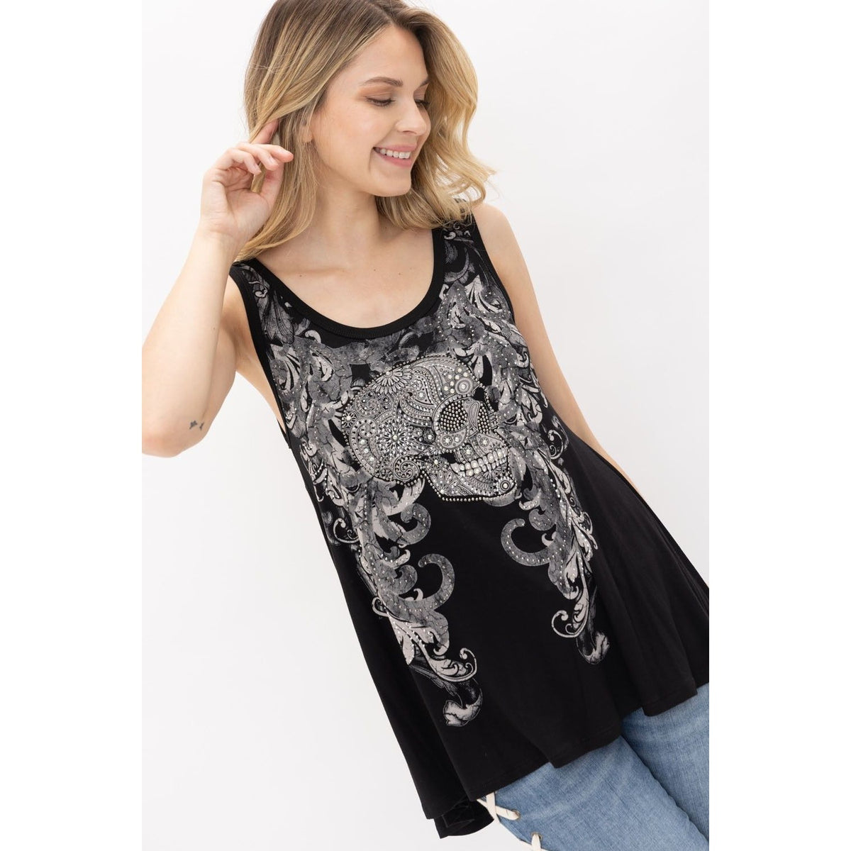 SLEEVELESS TOP WITH SKULL PRINT AND STONE