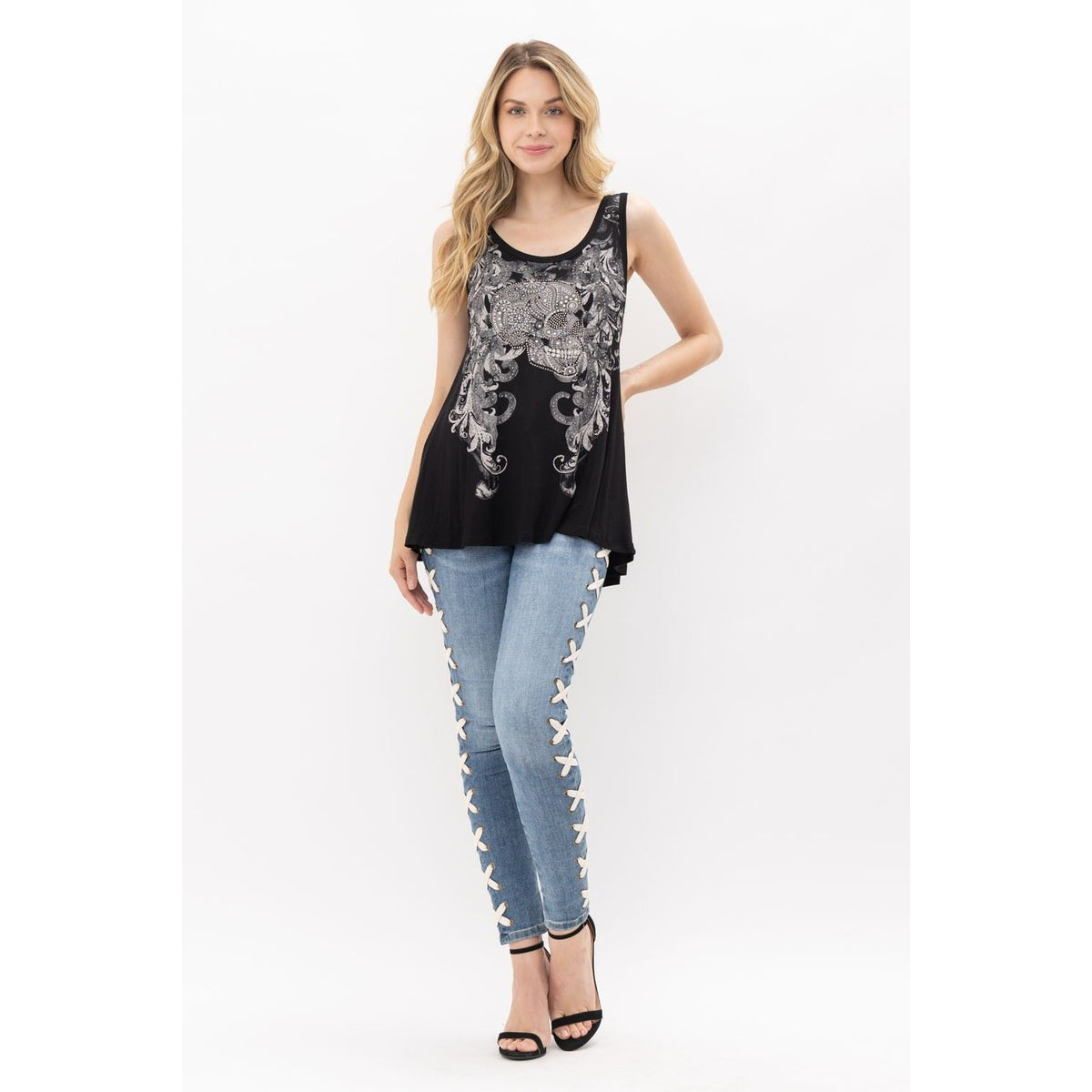 SLEEVELESS TOP WITH SKULL PRINT AND STONE