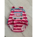 Baby Girls Pink Striped Ruffle Swimsuit With Ice Cream Truck Applique & Snap Closure - Adorable Summer Outfit