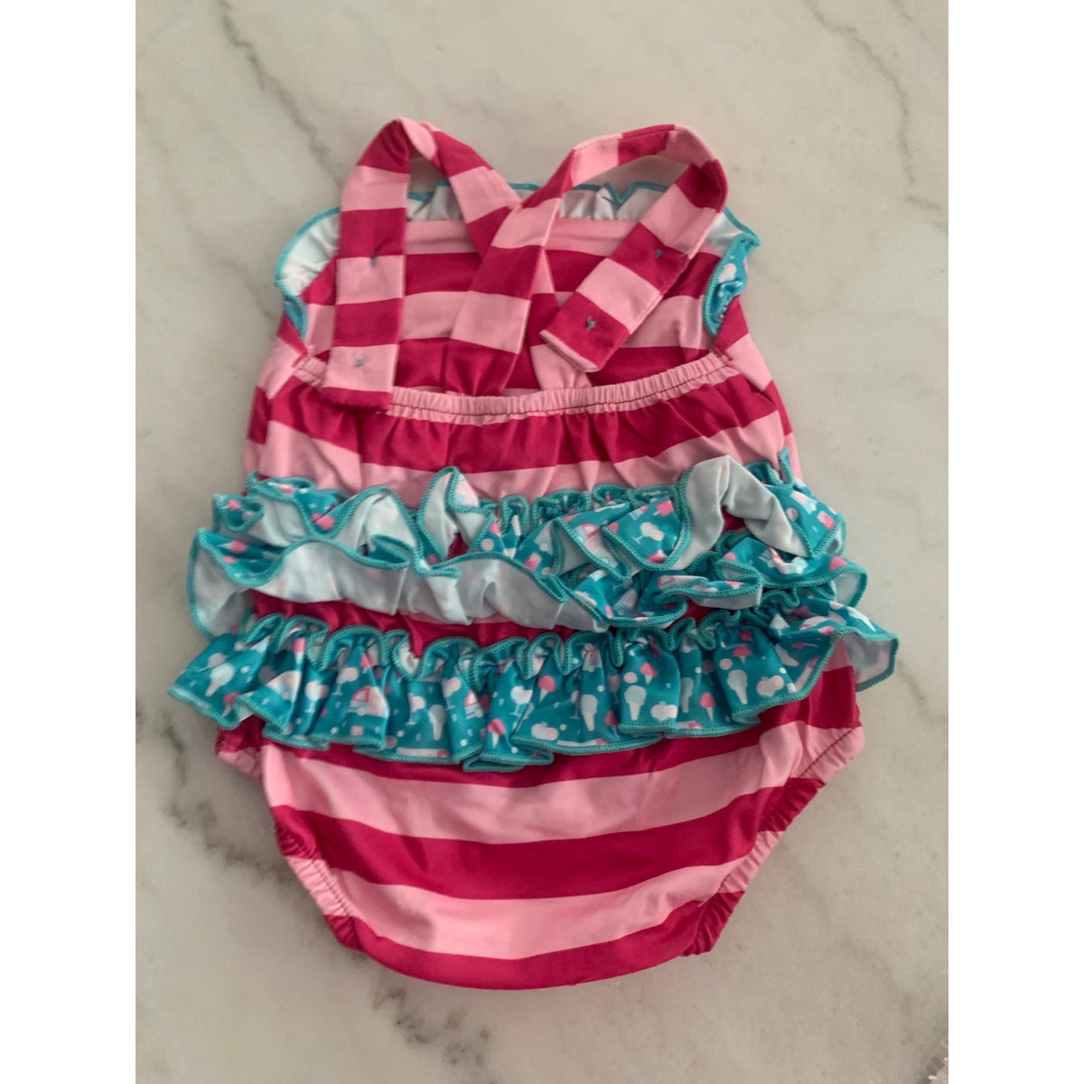 Baby Girls Pink Striped Ruffle Swimsuit With Ice Cream Truck Applique & Snap Closure - Adorable Summer Outfit