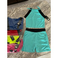 Turquoise Black Two Piece Athletic Halter Workout Set With Shorts