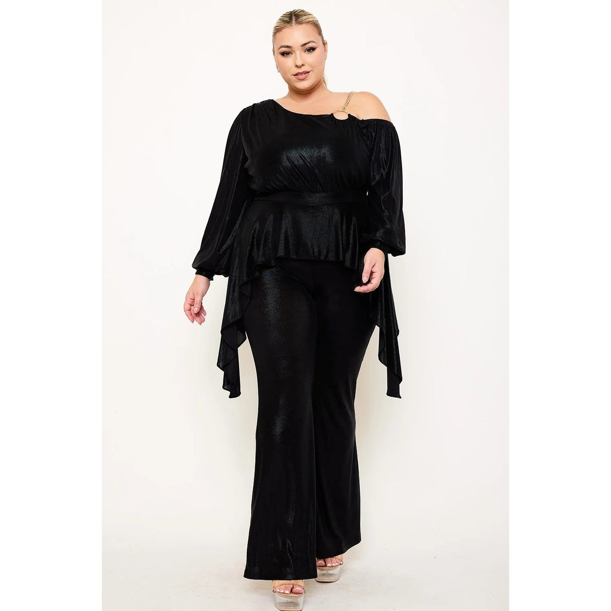 SLINKY FOIL ONE SHOULDER WITH GOLD CHAIN PLUS SIZE JUMPSUIT BELL SLEEVE PEPLUM BELL BOTTOM ZIPPER BACK MODERATE STRETCH MODEL: 5’8″ IS WEARI