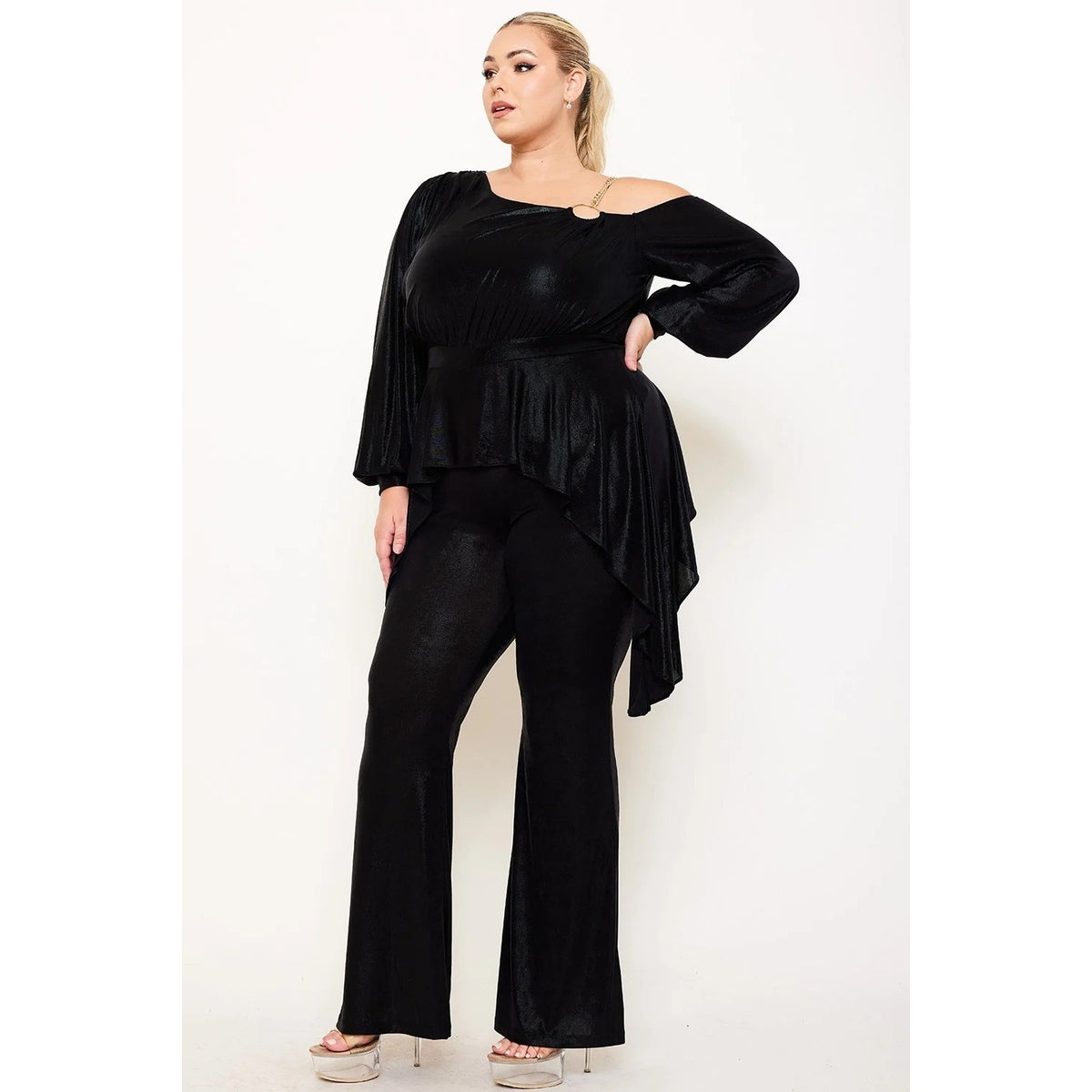 SLINKY FOIL ONE SHOULDER WITH GOLD CHAIN PLUS SIZE JUMPSUIT BELL SLEEVE PEPLUM BELL BOTTOM ZIPPER BACK MODERATE STRETCH MODEL: 5’8″ IS WEARI