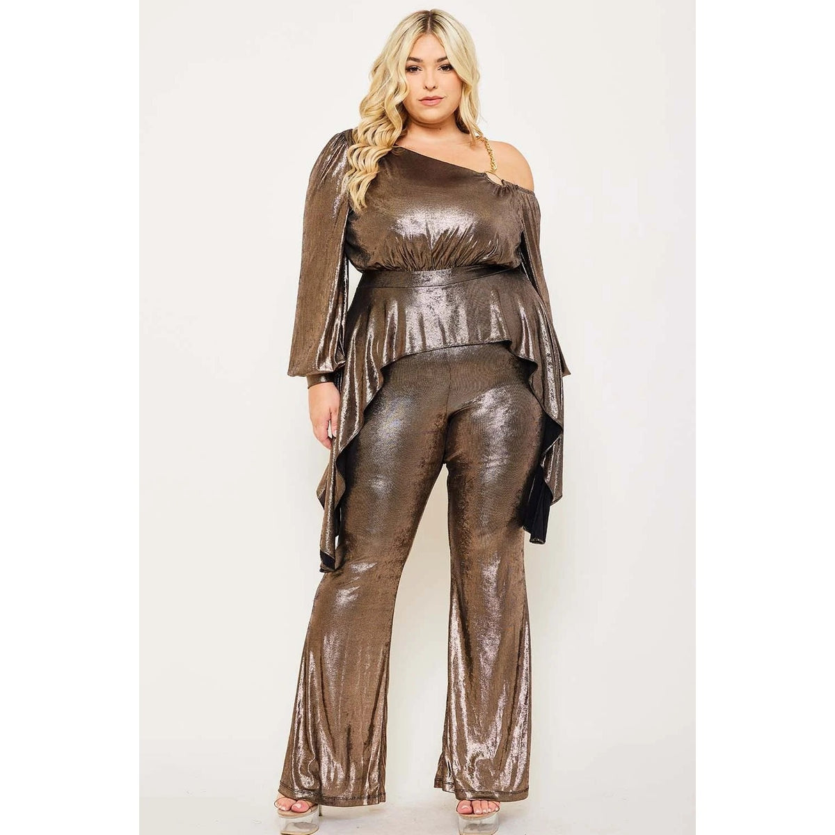 SLINKY FOIL ONE SHOULDER WITH GOLD CHAIN PLUS SIZE JUMPSUIT BELL SLEEVE PEPLUM BELL BOTTOM ZIPPER BACK MODERATE STRETCH MODEL: 5’8″ IS WEARI