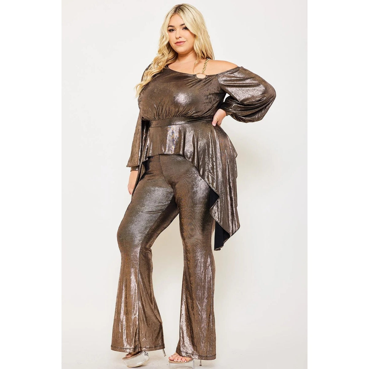 SLINKY FOIL ONE SHOULDER WITH GOLD CHAIN PLUS SIZE JUMPSUIT BELL SLEEVE PEPLUM BELL BOTTOM ZIPPER BACK MODERATE STRETCH MODEL: 5’8″ IS WEARI