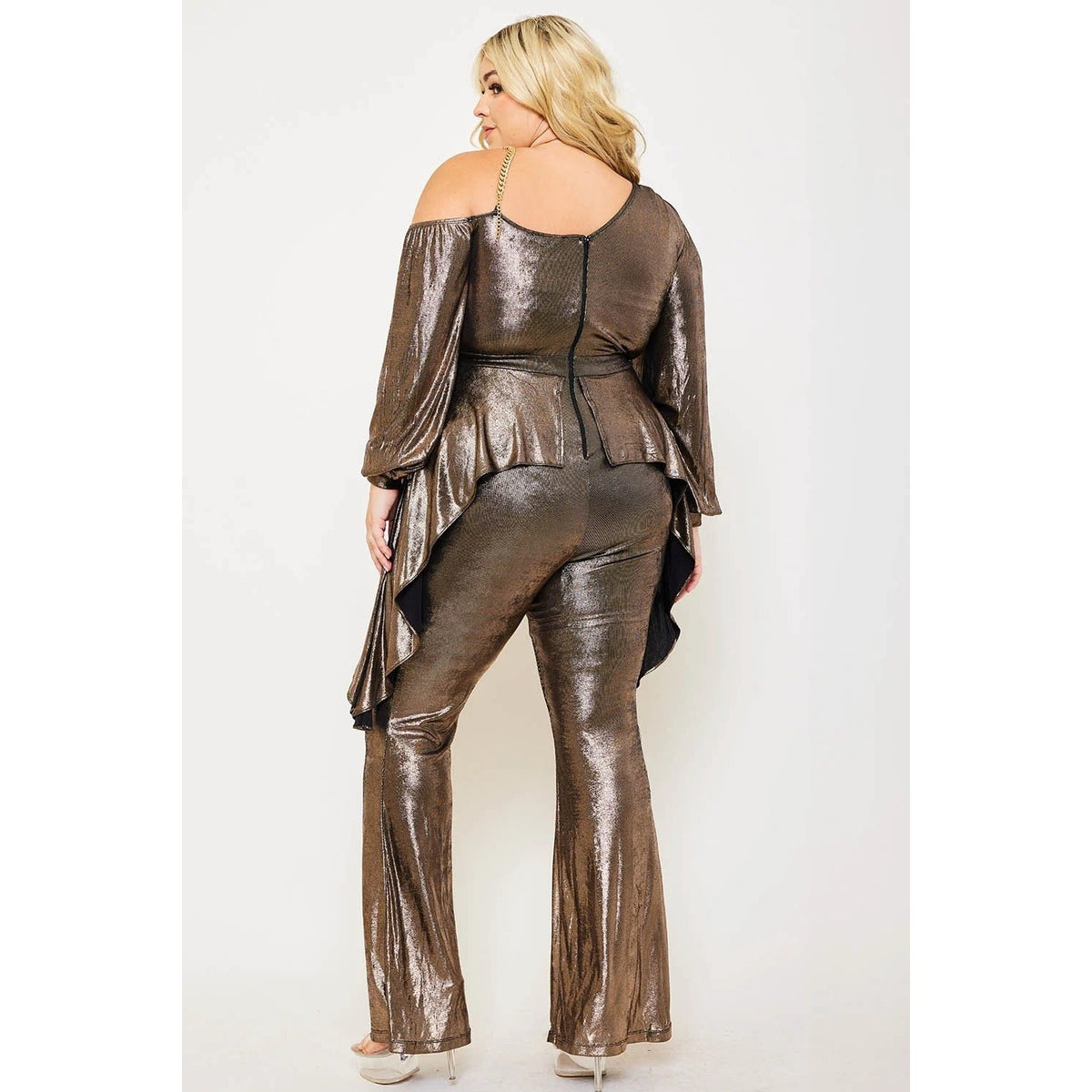 SLINKY FOIL ONE SHOULDER WITH GOLD CHAIN PLUS SIZE JUMPSUIT BELL SLEEVE PEPLUM BELL BOTTOM ZIPPER BACK MODERATE STRETCH MODEL: 5’8″ IS WEARI