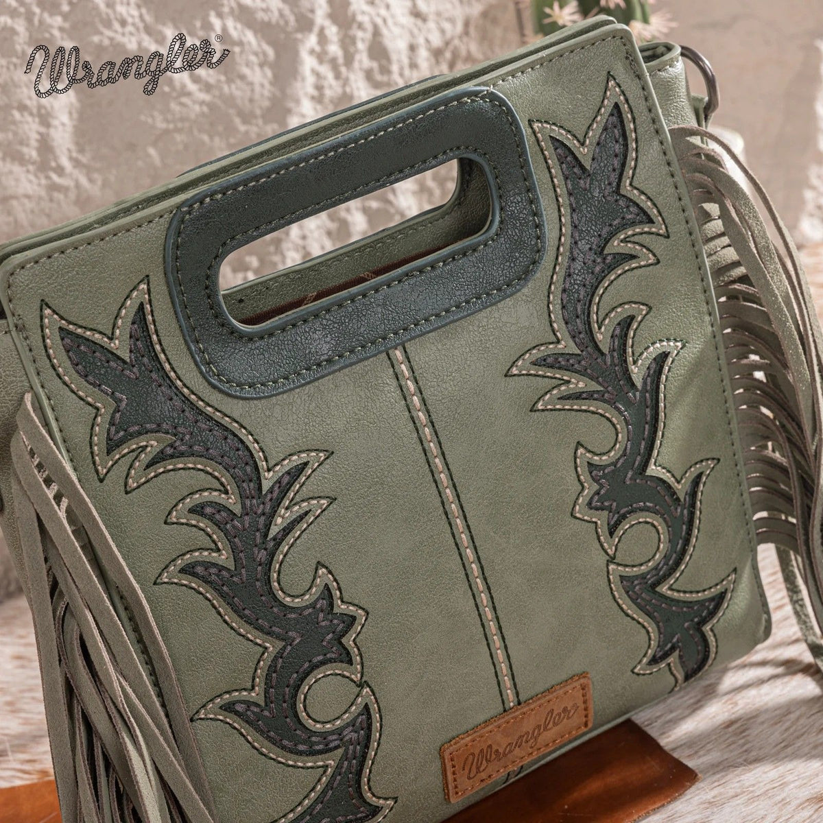 WG193-2003 Wrangler Top Handle Boot Scroll Fringe Tote/Crossbody -Black