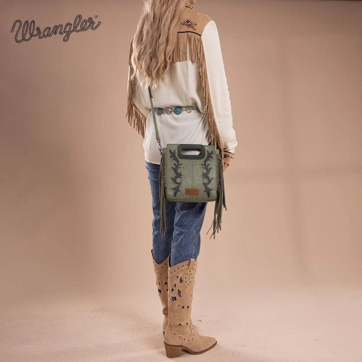 WG193-2003 Wrangler Top Handle Boot Scroll Fringe Tote/Crossbody -Black