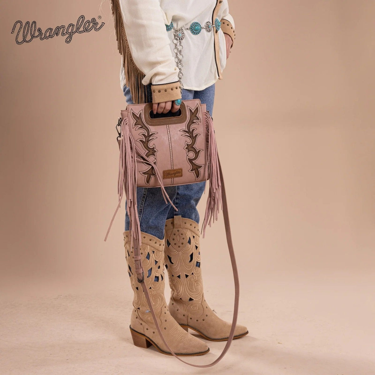 WG193-2003 Wrangler Top Handle Boot Scroll Fringe Tote/Crossbody -Black