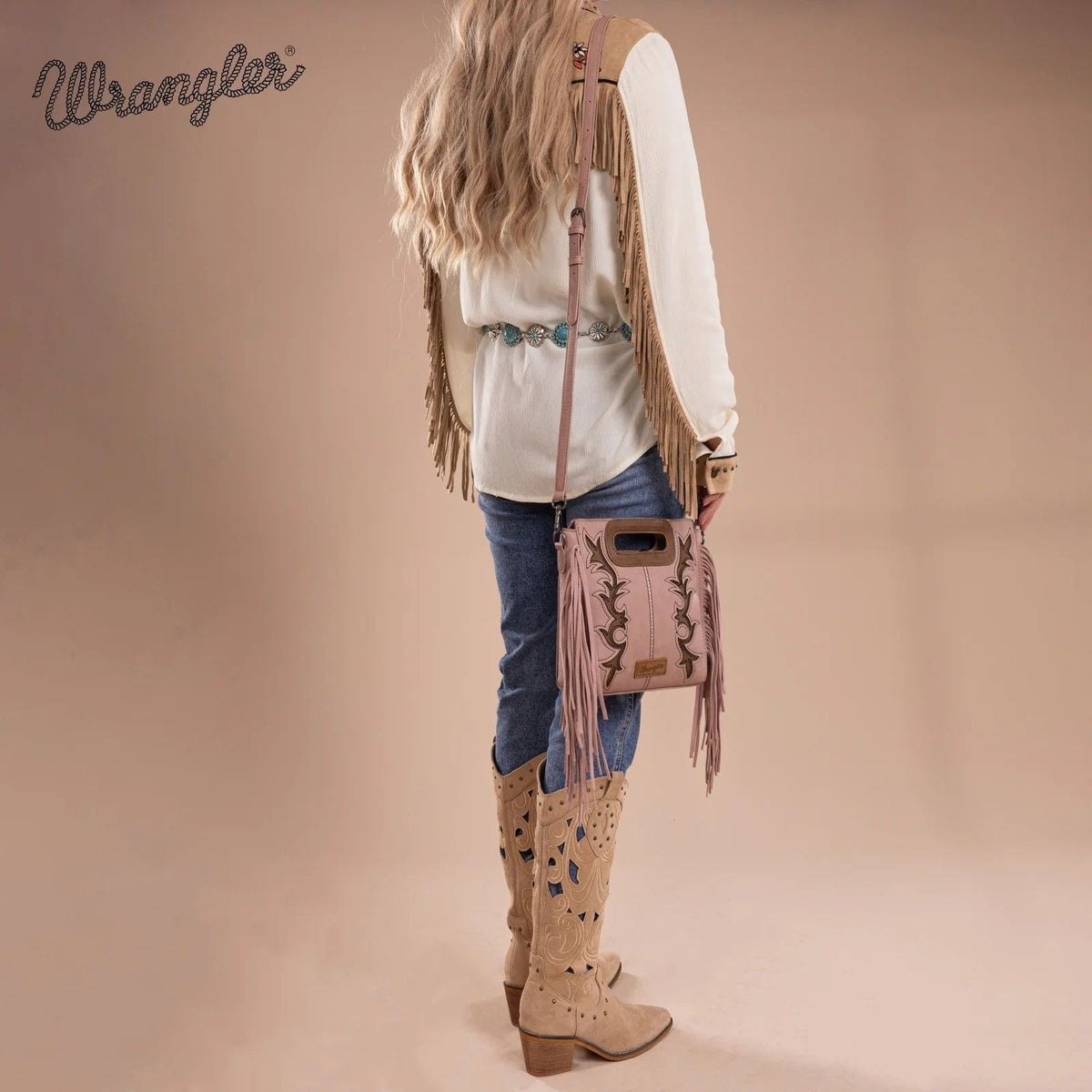 WG193-2003 Wrangler Top Handle Boot Scroll Fringe Tote/Crossbody -Black