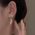 Gold Bow Dangle Earrings With Rhinestone Tassels For Women