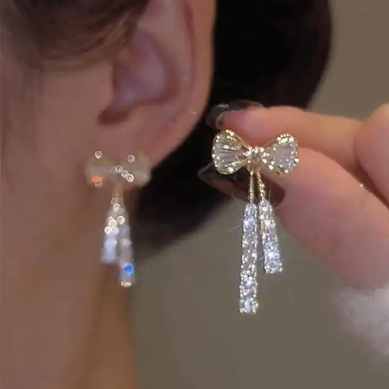 Gold Bow Dangle Earrings With Rhinestone Tassels For Women