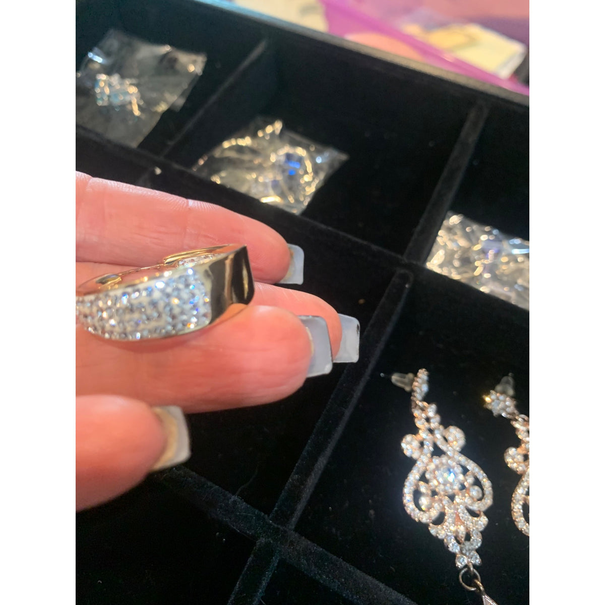 Gold-Tone Hoop Earrings With Clear Rhinestones & Clip Closure