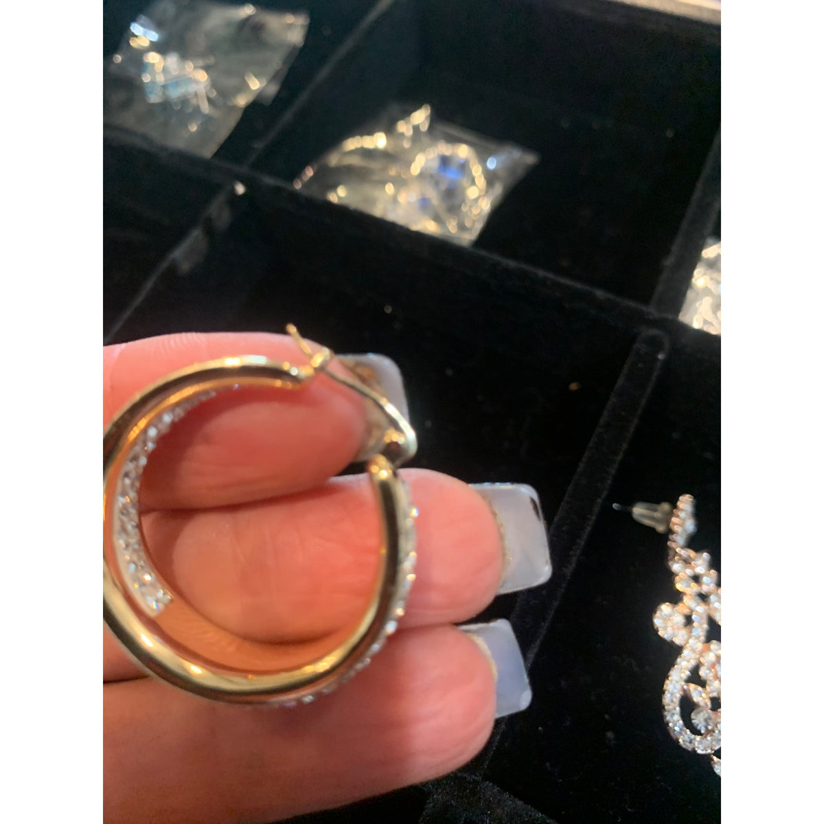 Gold-Tone Hoop Earrings With Clear Rhinestones & Clip Closure