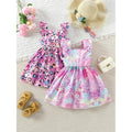 2 Girls Ruffle Trim Heart Print & Colorful Printed Dress Set Sleeveless Sundresses
