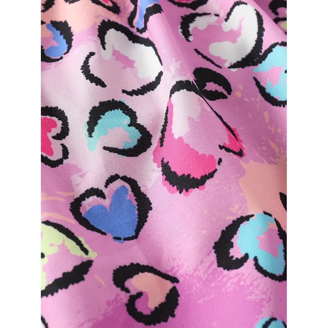 2 Girls Ruffle Trim Heart Print & Colorful Printed Dress Set Sleeveless Sundresses