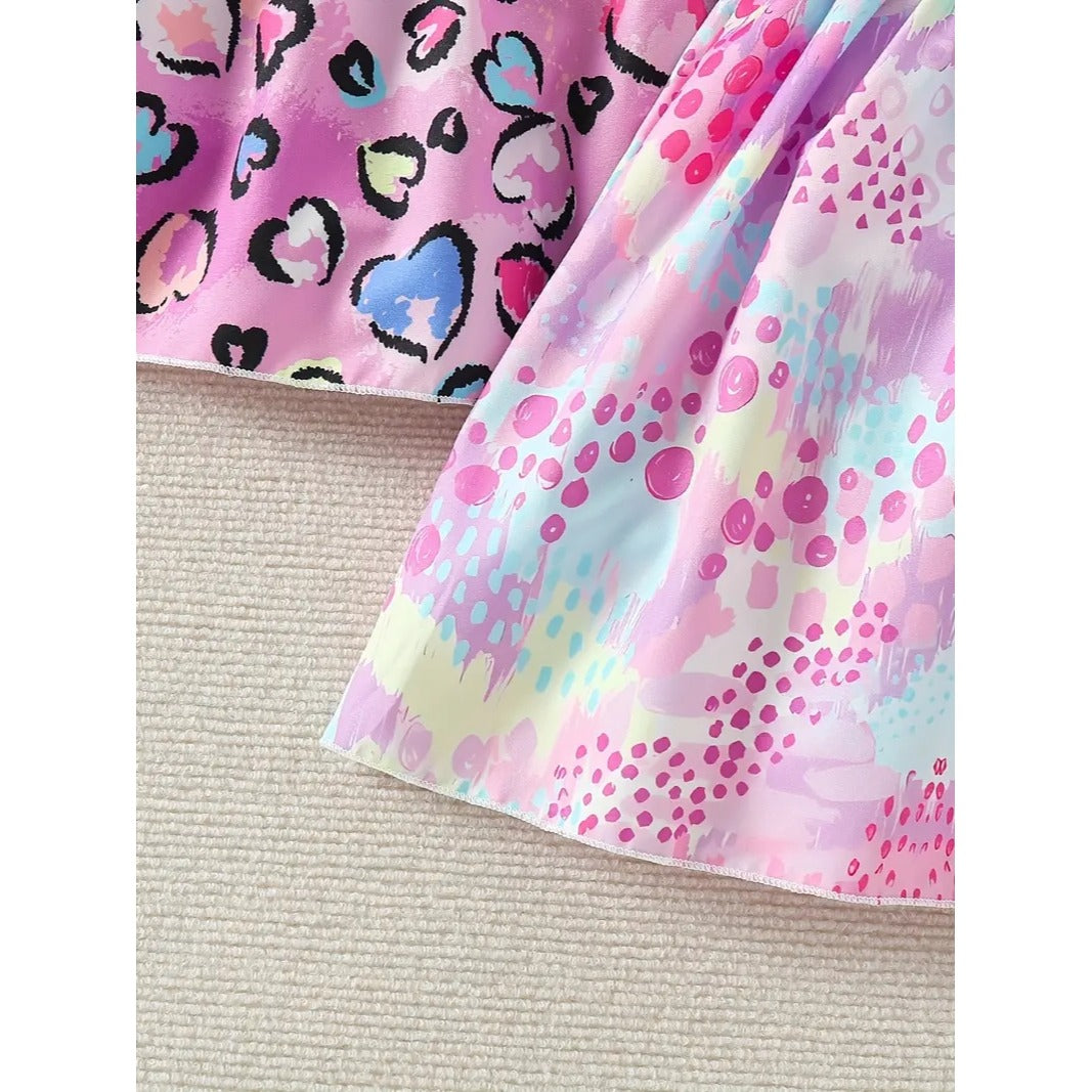 2 Girls Ruffle Trim Heart Print & Colorful Printed Dress Set Sleeveless Sundresses